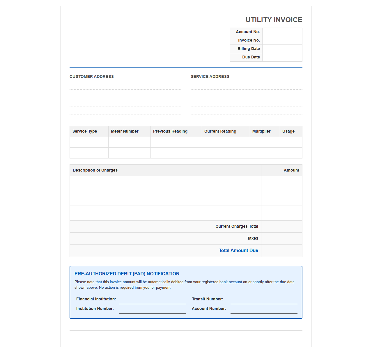 Utility Invoice Template for Pre-Authorized Bank Debit