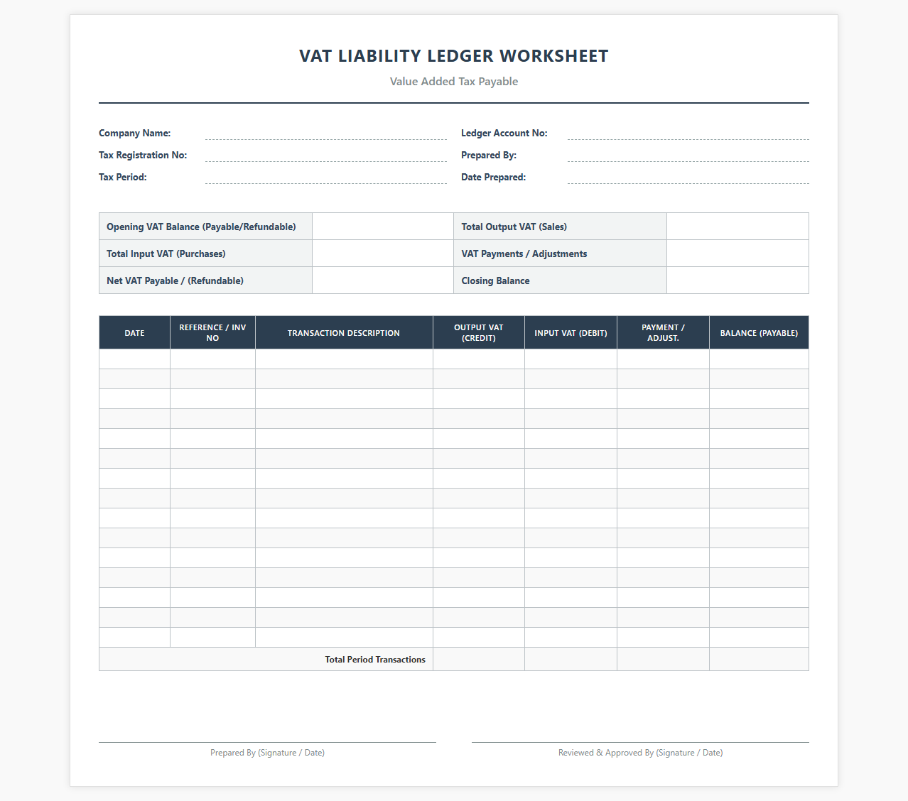 VAT Liability Ledger Worksheet