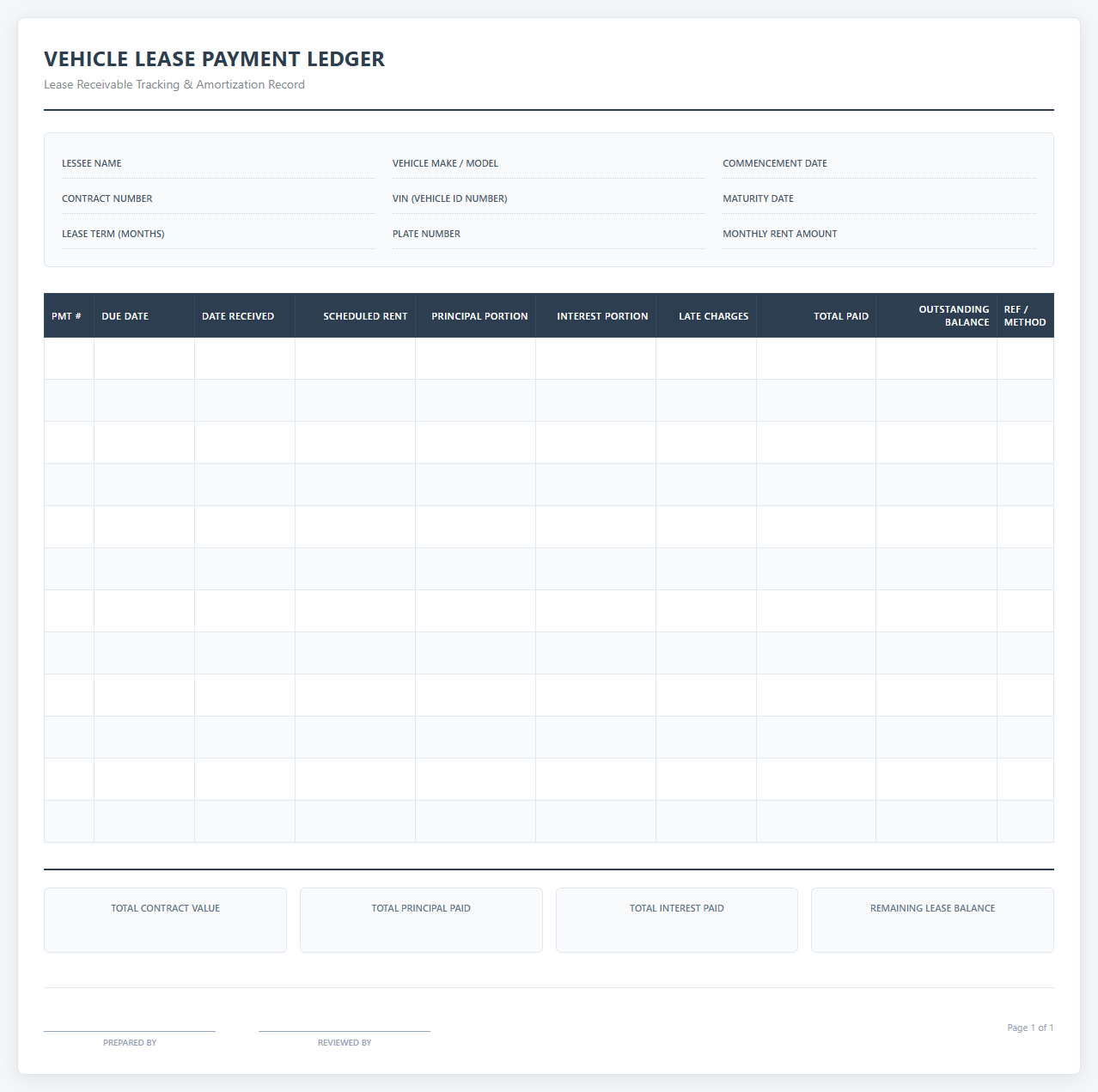 Vehicle Lease Payment Tracking Ledger Sheet