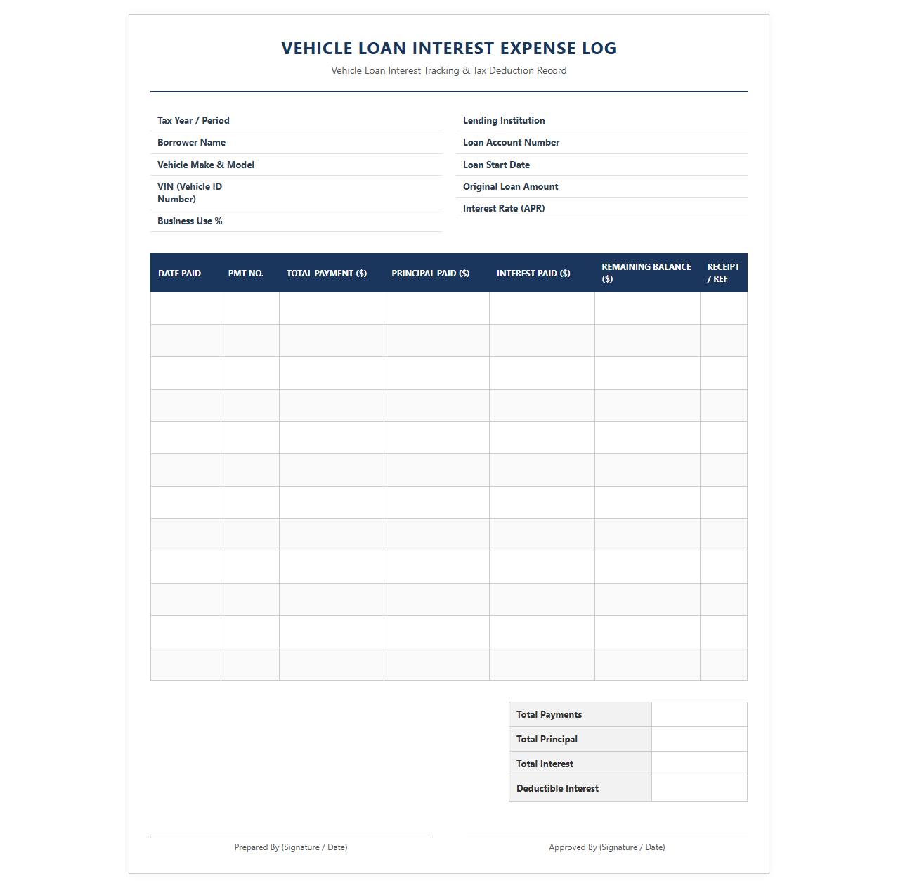Vehicle Loan Interest Expense Log
