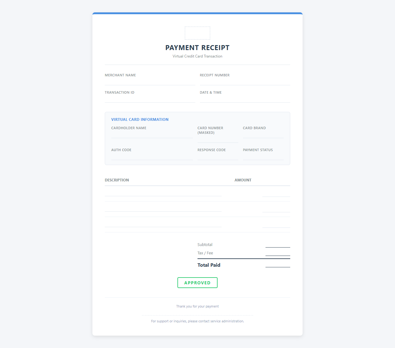 Virtual Credit Card Payment Receipt Format