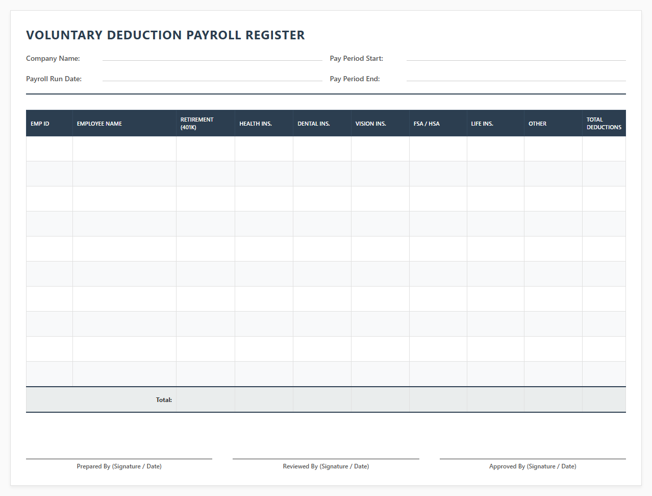 Voluntary Deduction Payroll Register Template