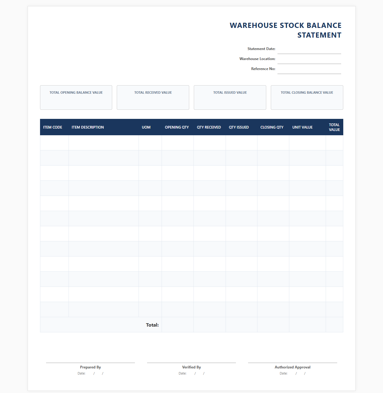 Warehouse Stock Balance Statement Template