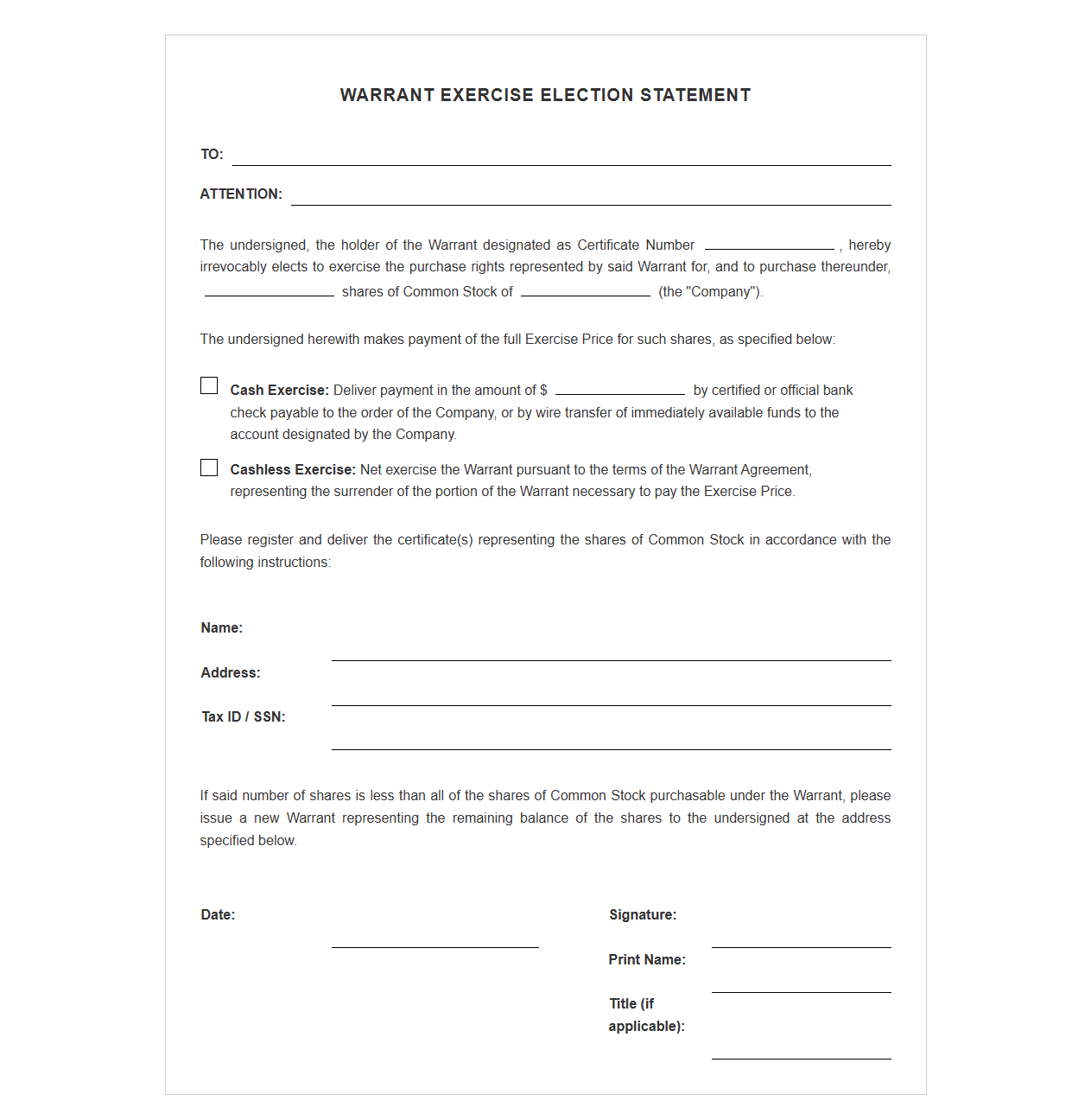 Warrant Agreement Exercise Election Statement