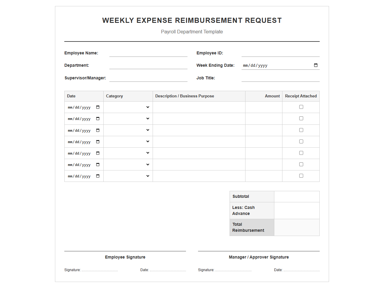 Weekly Expense Reimbursement Request Form