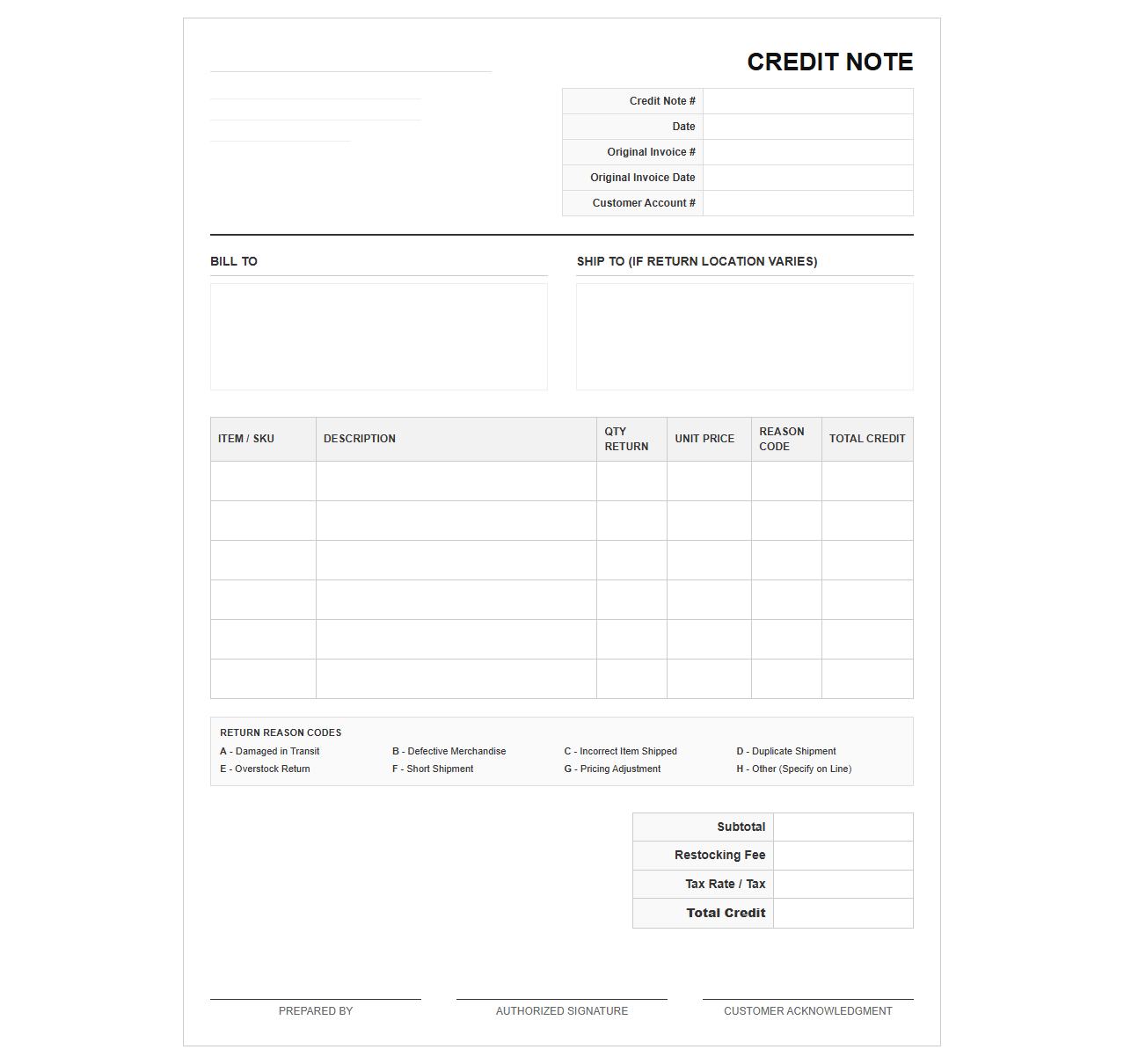 Wholesale Credit Note and Return Template