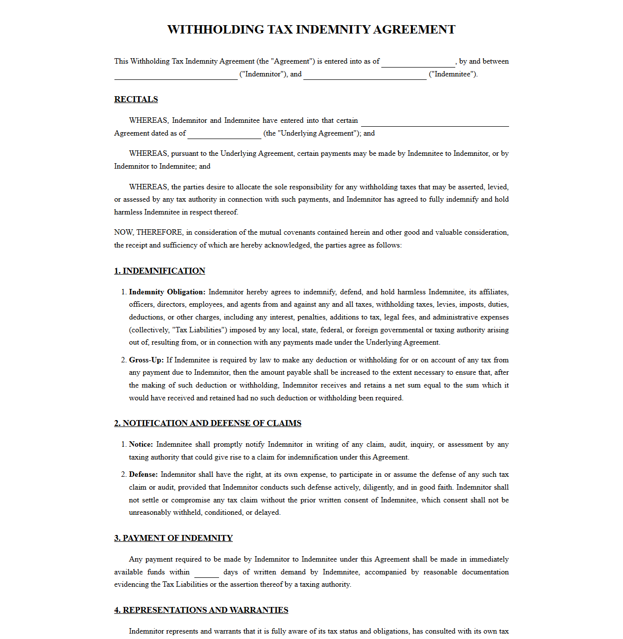Withholding Tax Indemnity Agreement