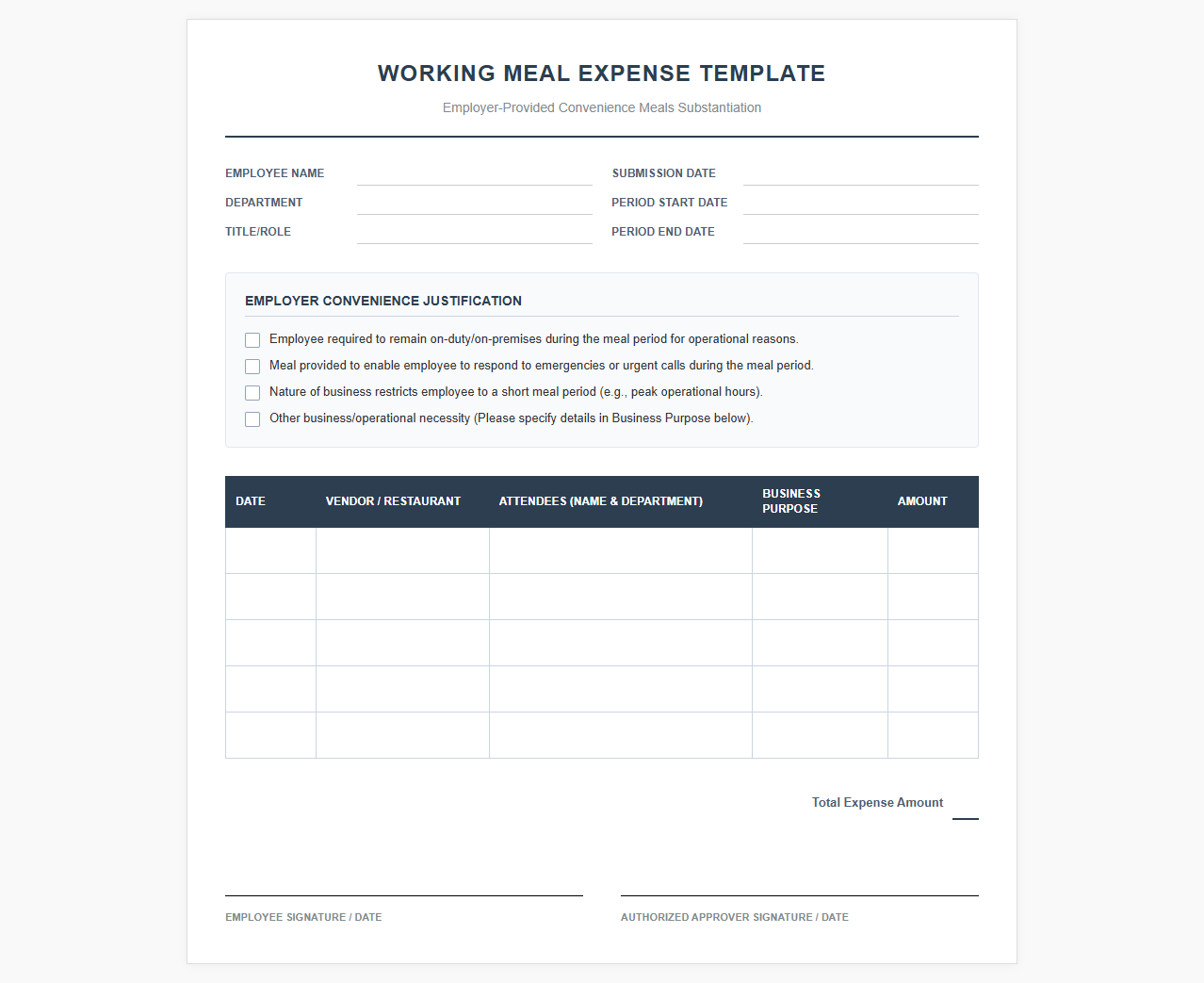Working Meal Expense Template for Employer Convenience