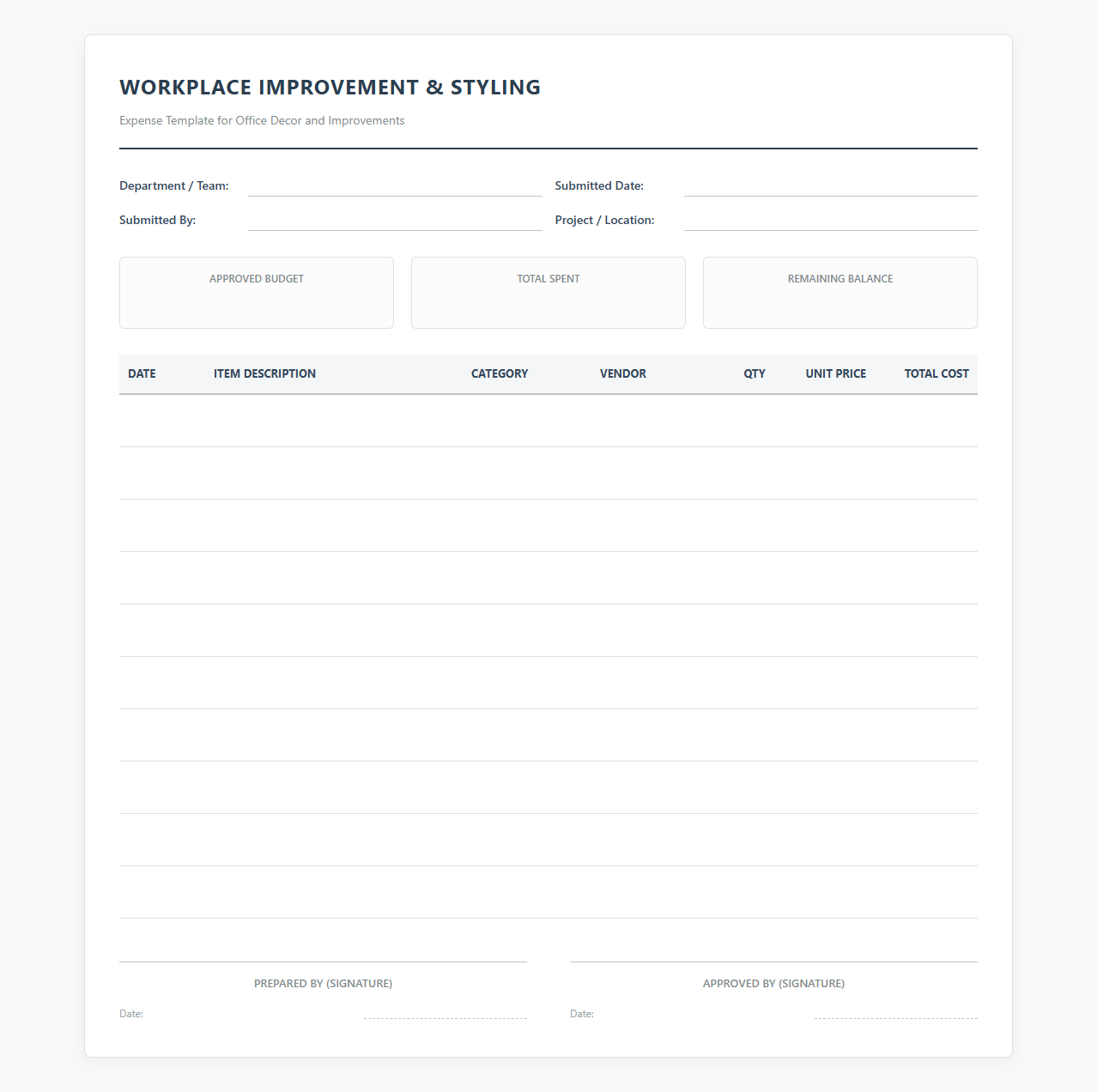 Workplace Improvement and Styling Expense Sheet