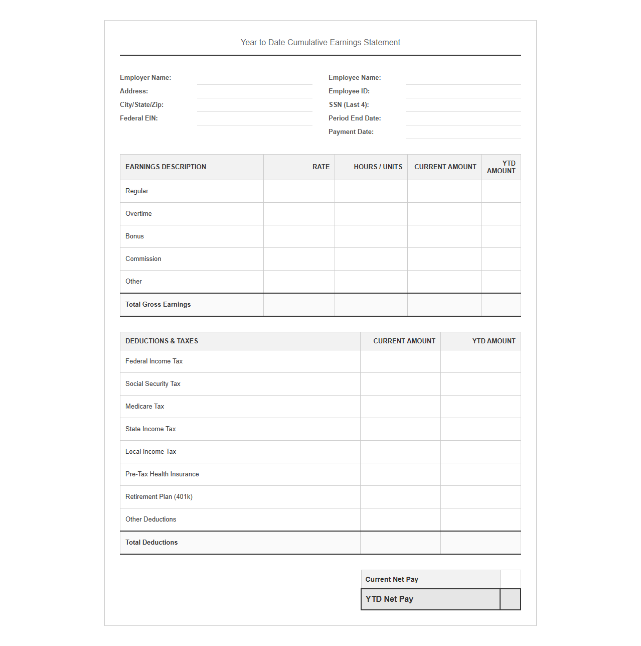Year to Date Cumulative Earnings Statement