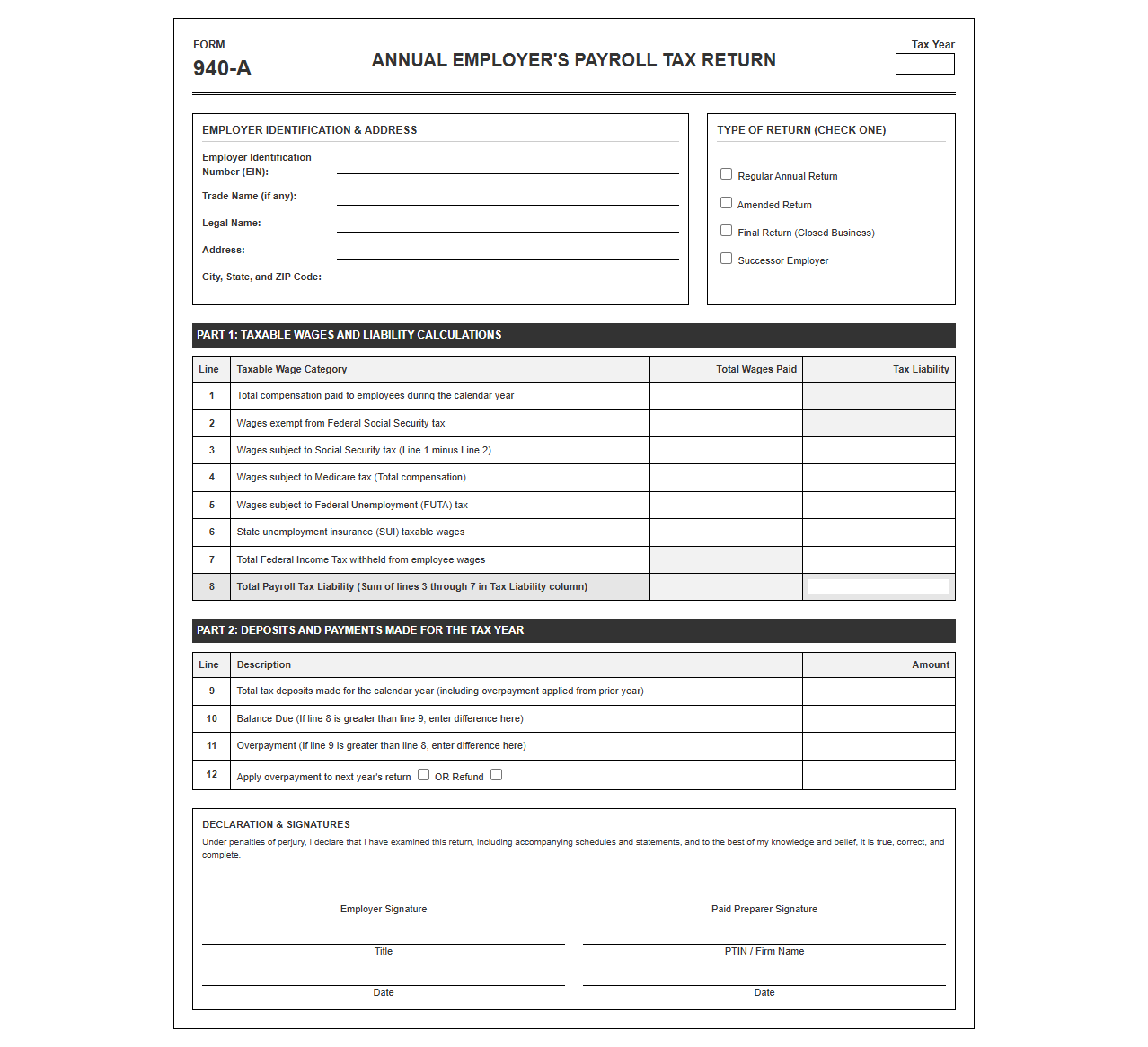 Yearly Employer Payroll Tax Reporting Form