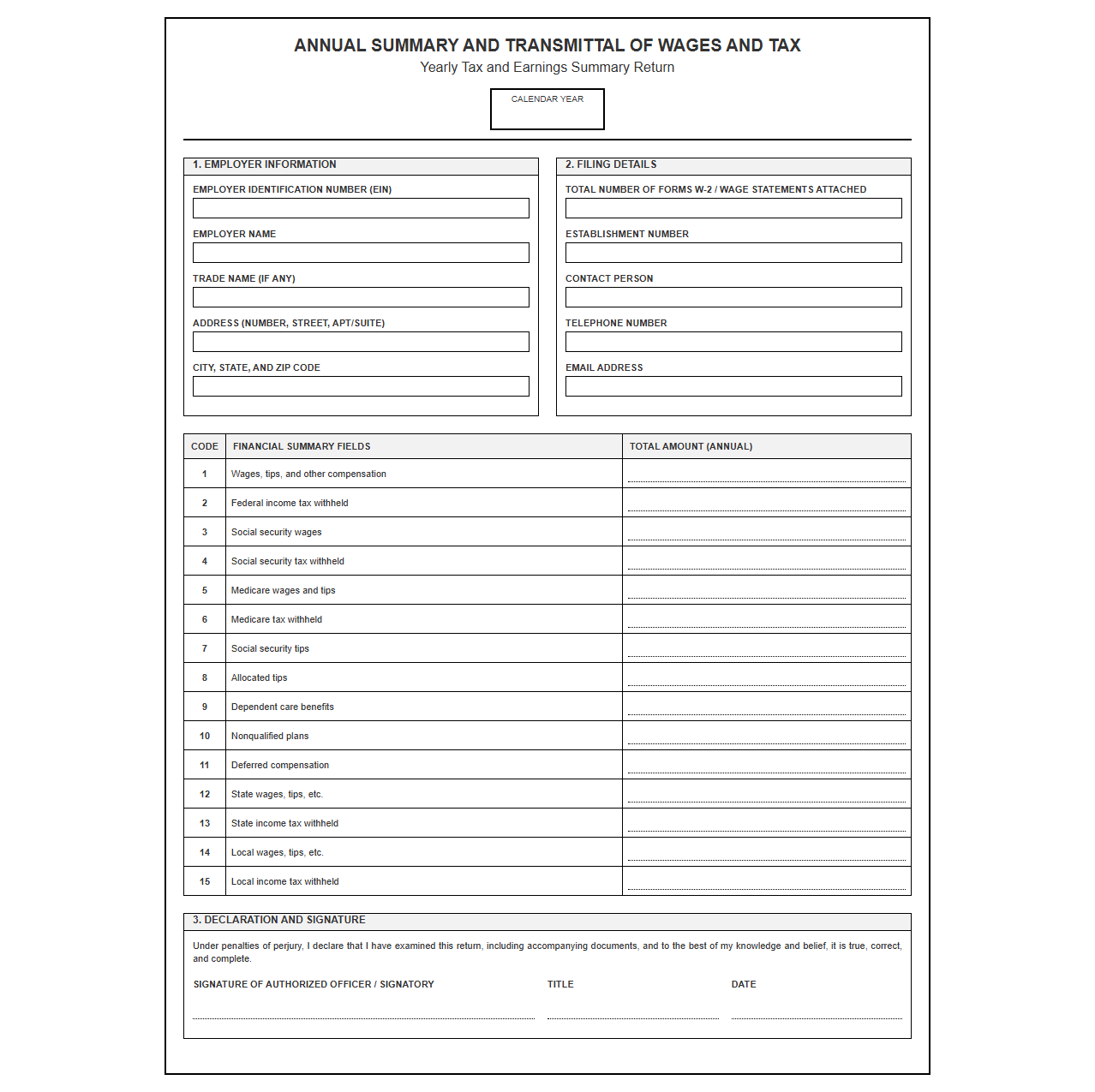 Yearly Tax and Earnings Summary Return Template