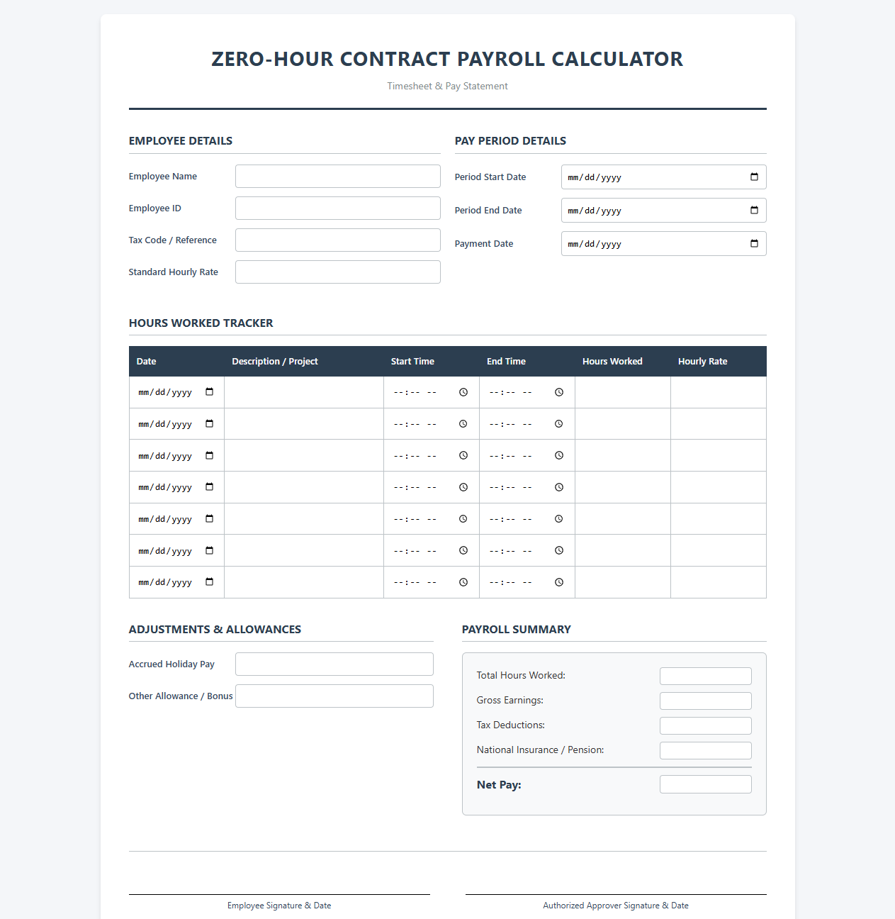 Zero-Hour Contract Payroll Calculator Template