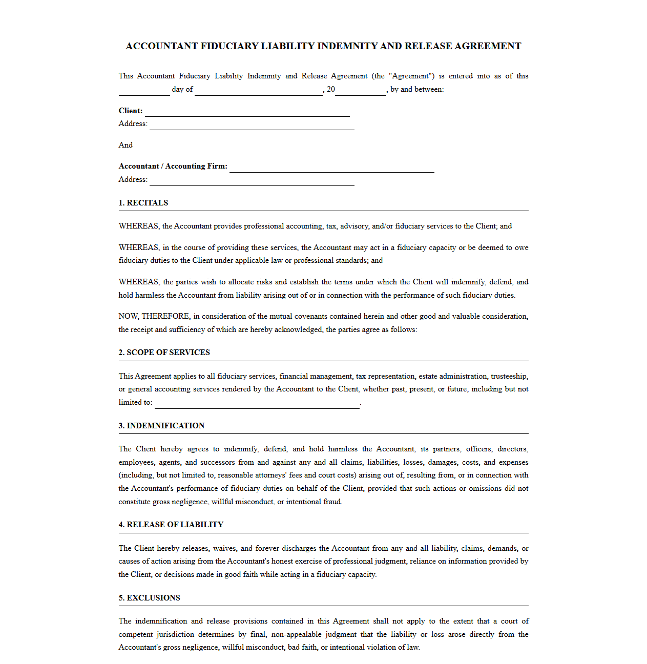 Accountant Fiduciary Liability Indemnity Release Form