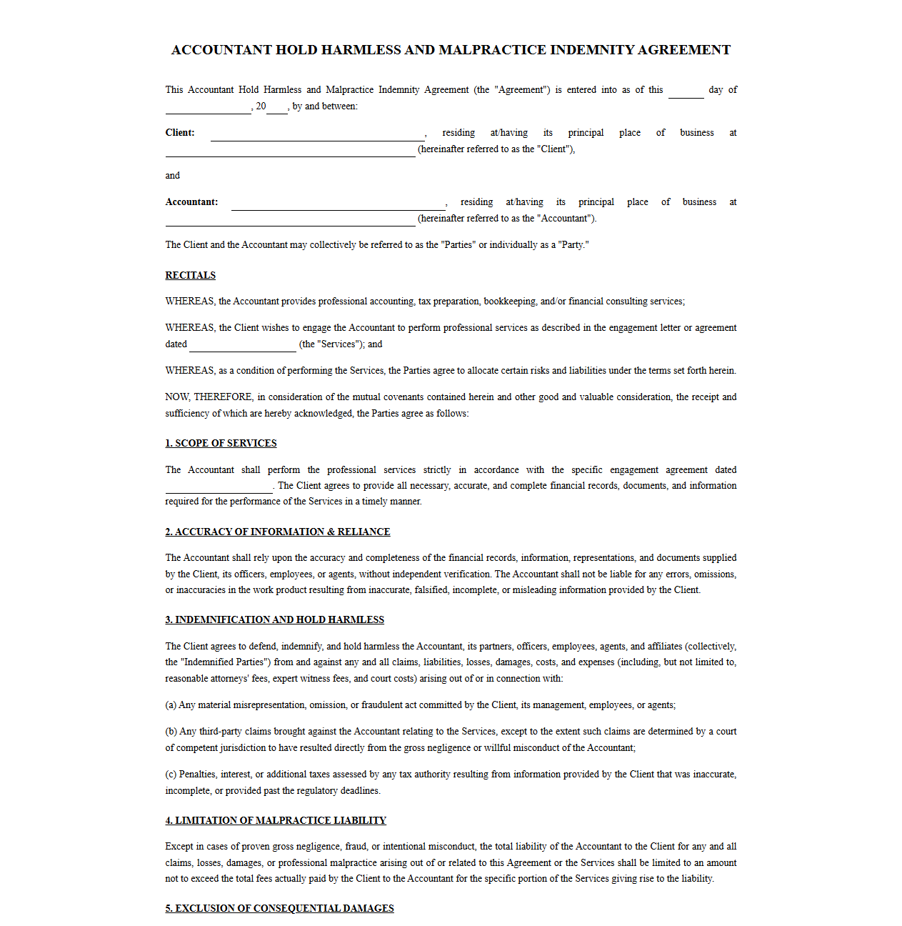 Accountant Hold Harmless and Malpractice Indemnity Agreement