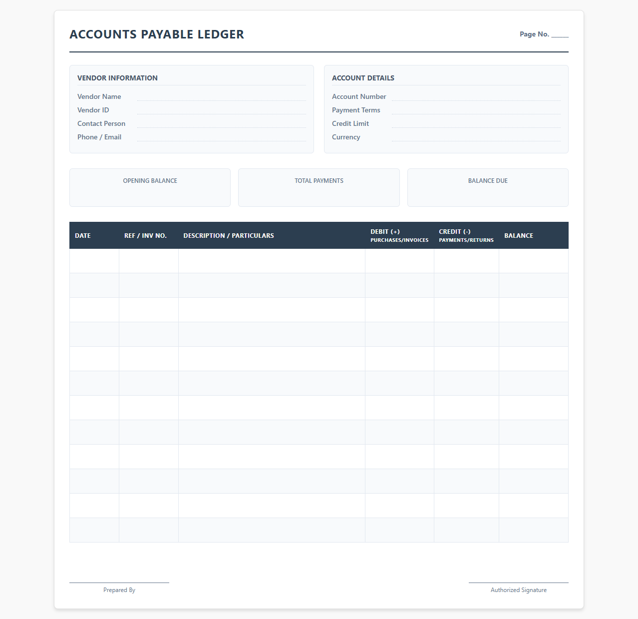 Accounts Payable Ledger Template for Vendors