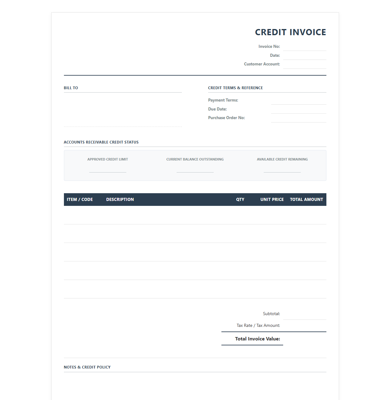 Accounts Receivable Credit Limit Invoice