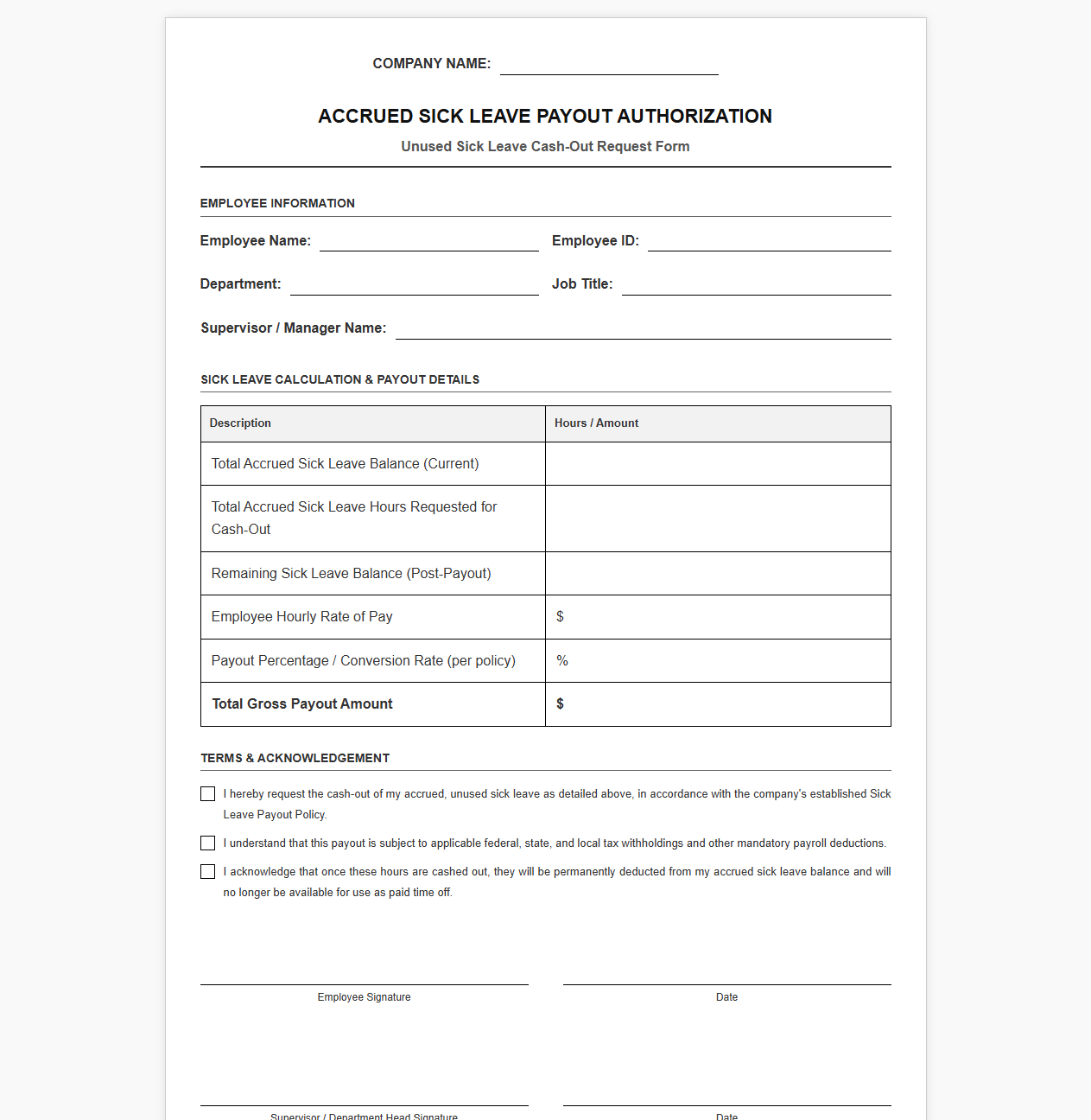 Accrued Sick Leave Payout Authorization Template