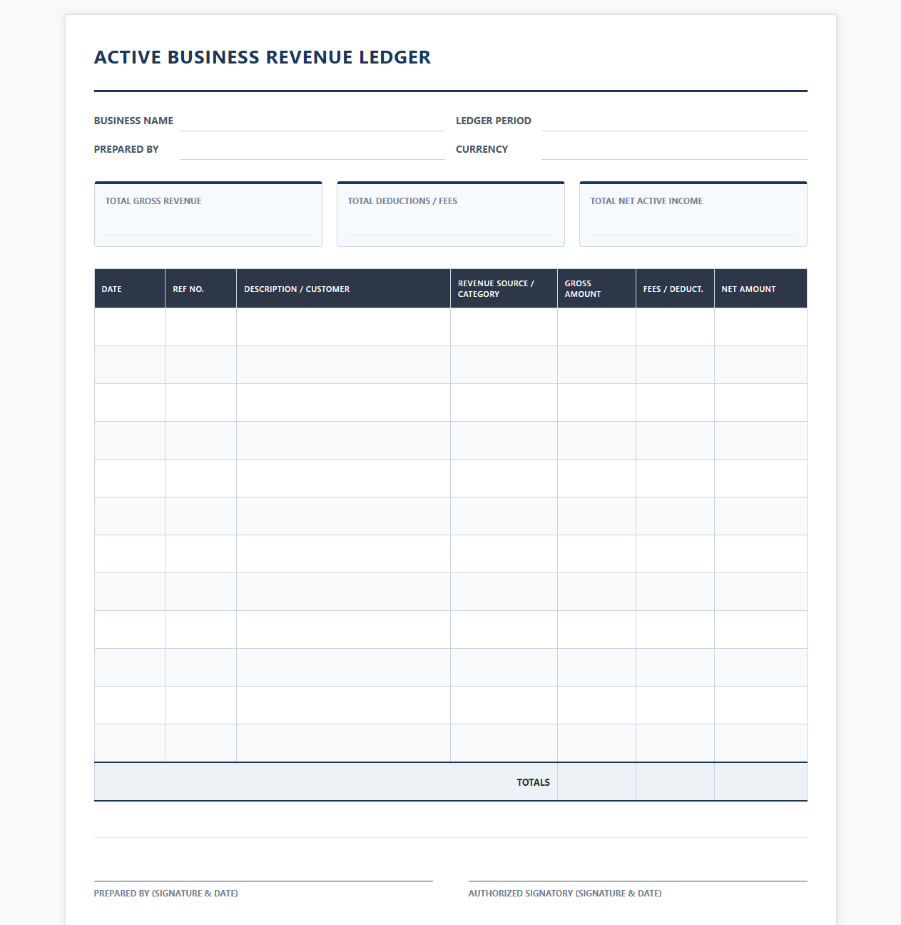 Active Business Revenue Ledger Template