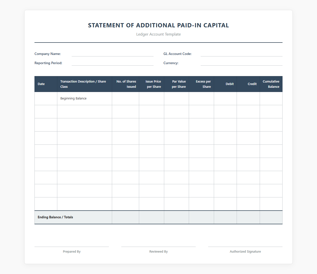 Additional Paid-In Capital Ledger Template