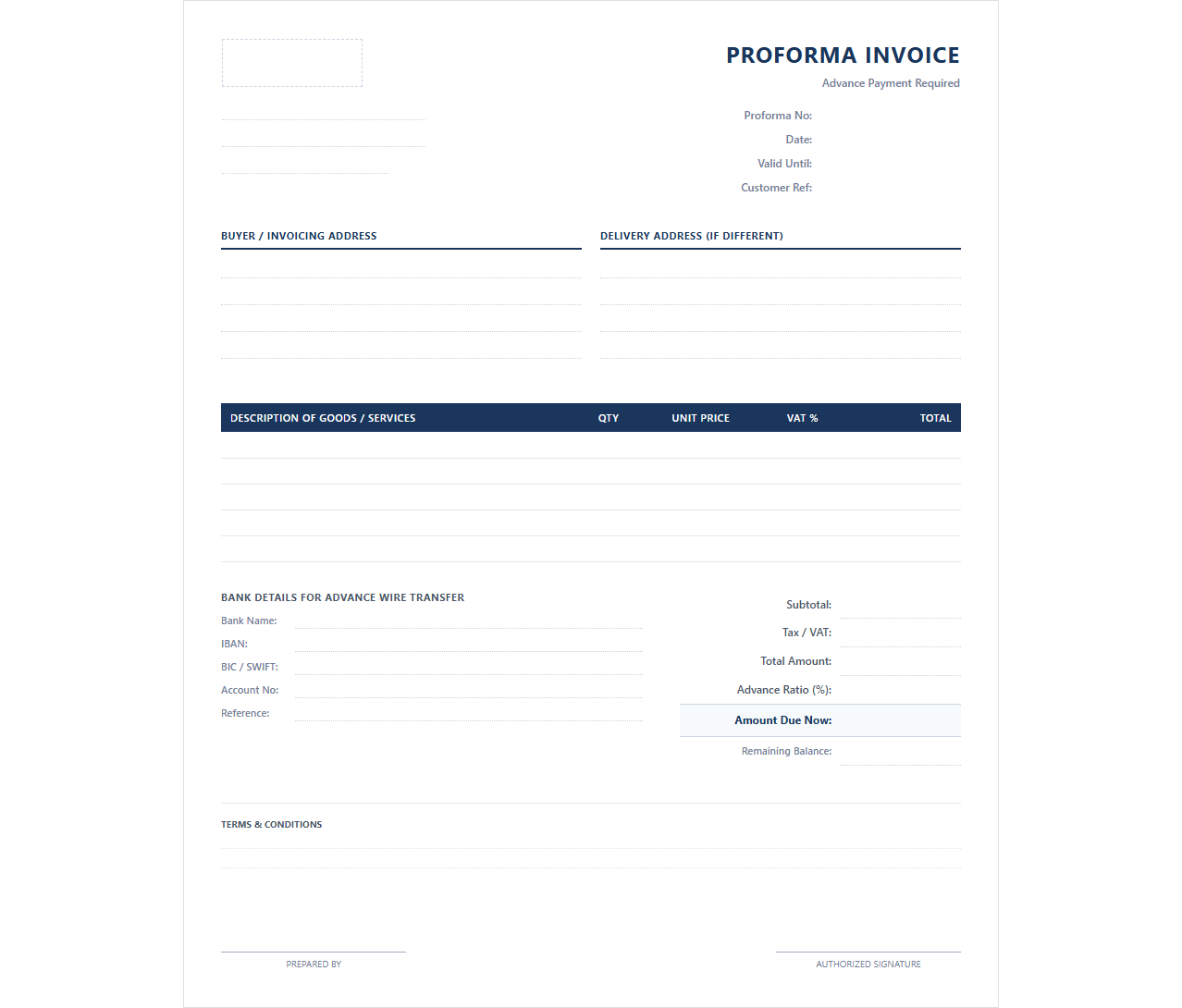Advance Payment Proforma Invoice Design