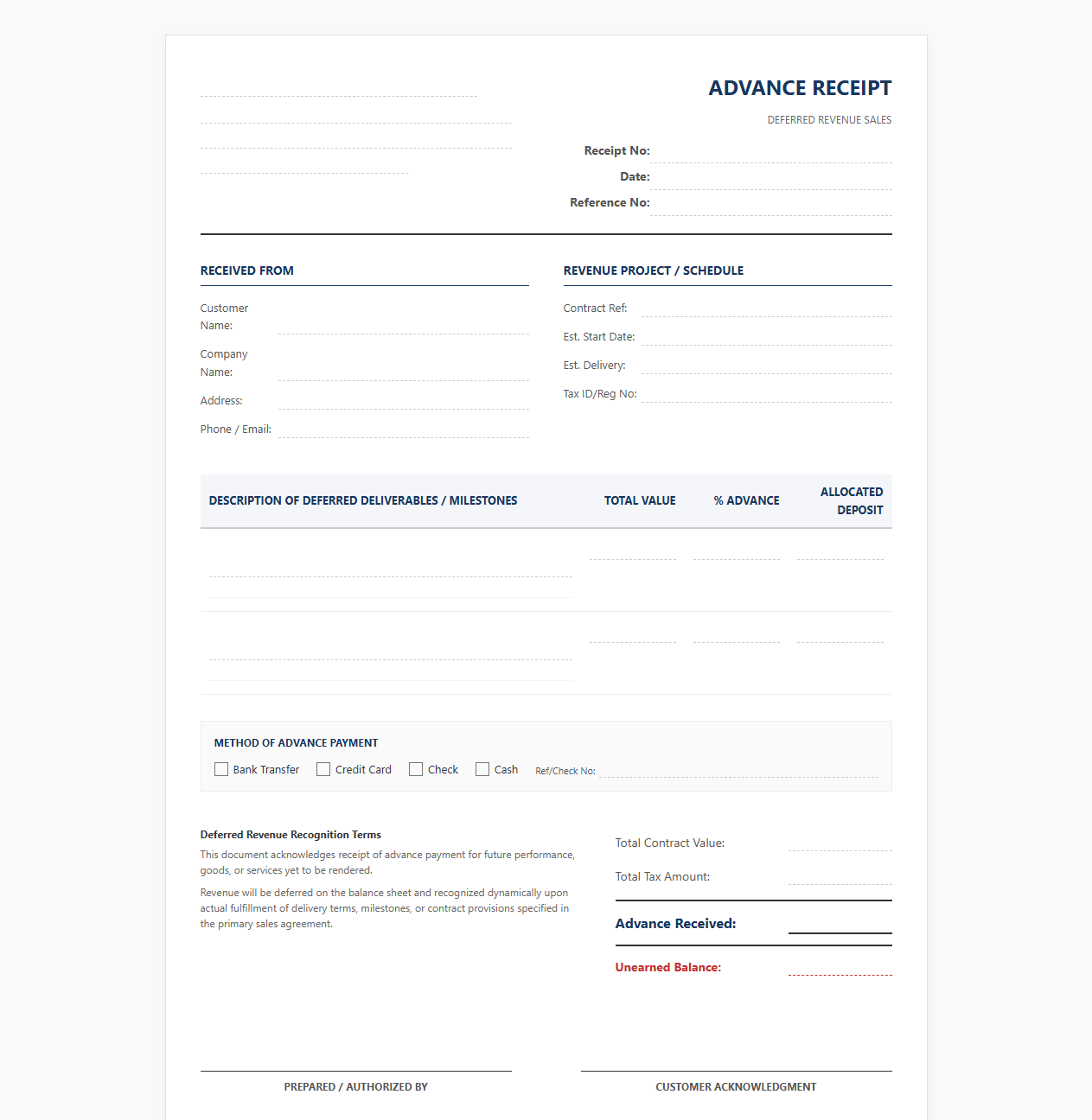 Advance Payment Receipt for Deferred Sales