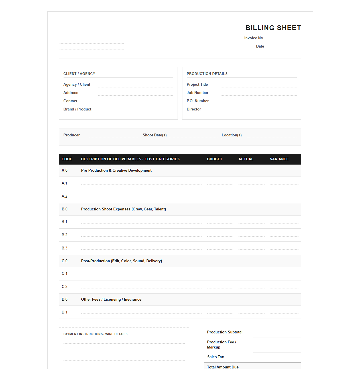 Advertising Media Production Billing Sheet