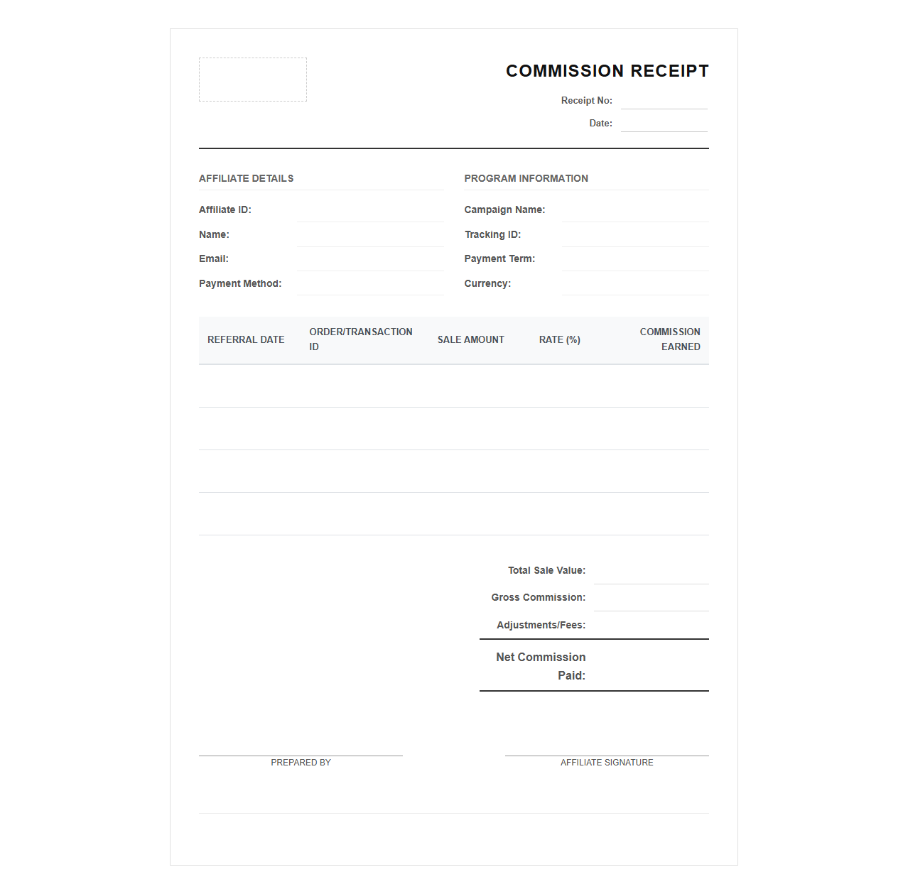 Affiliate Commission Sale Confirmation Receipt