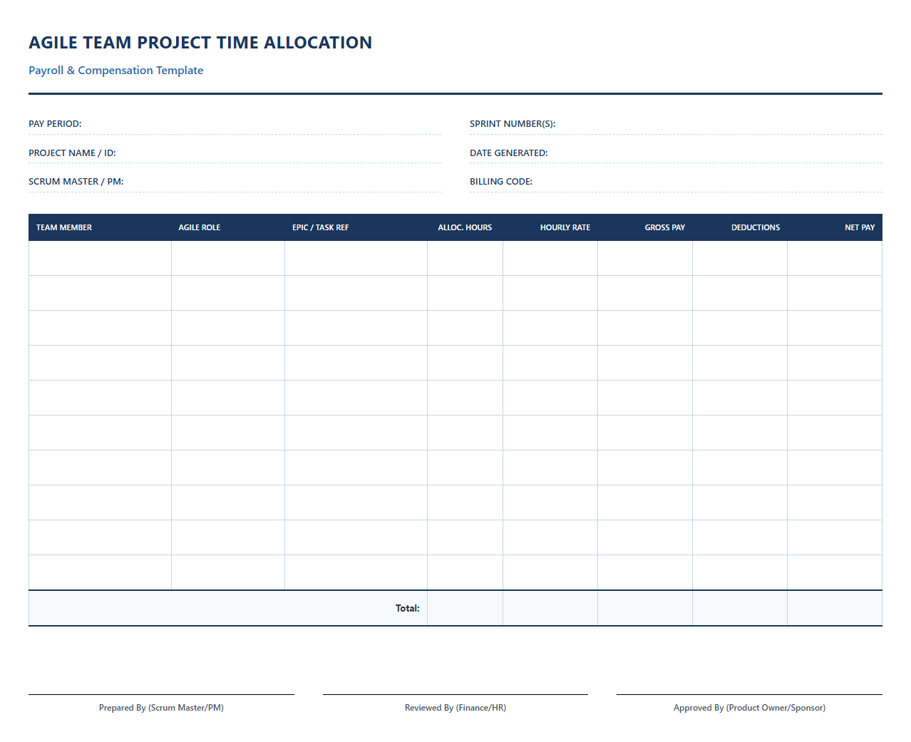 Agile Team Project Time Allocation and Payroll Template
