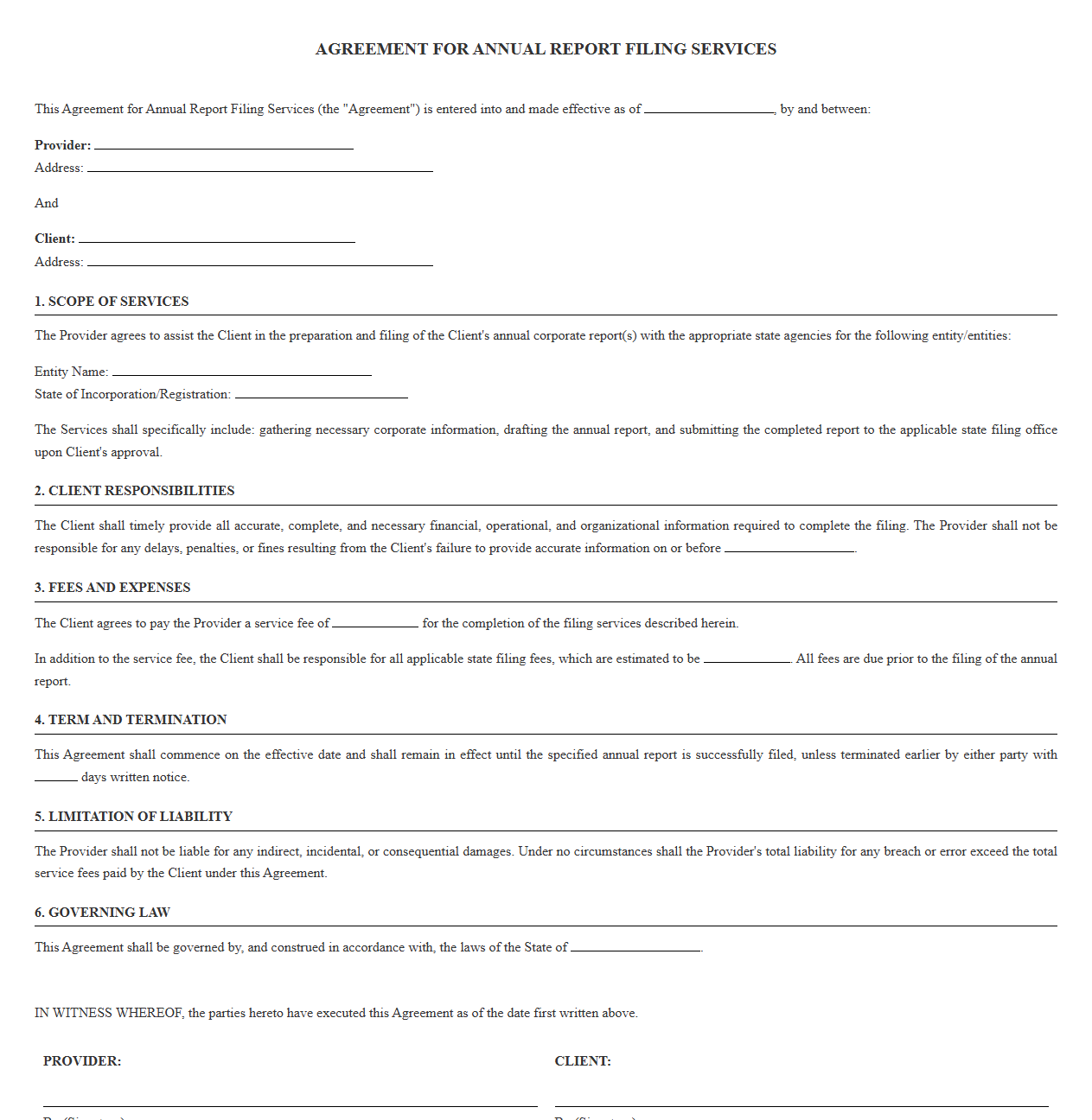 Agreement for Annual Report Filing Support