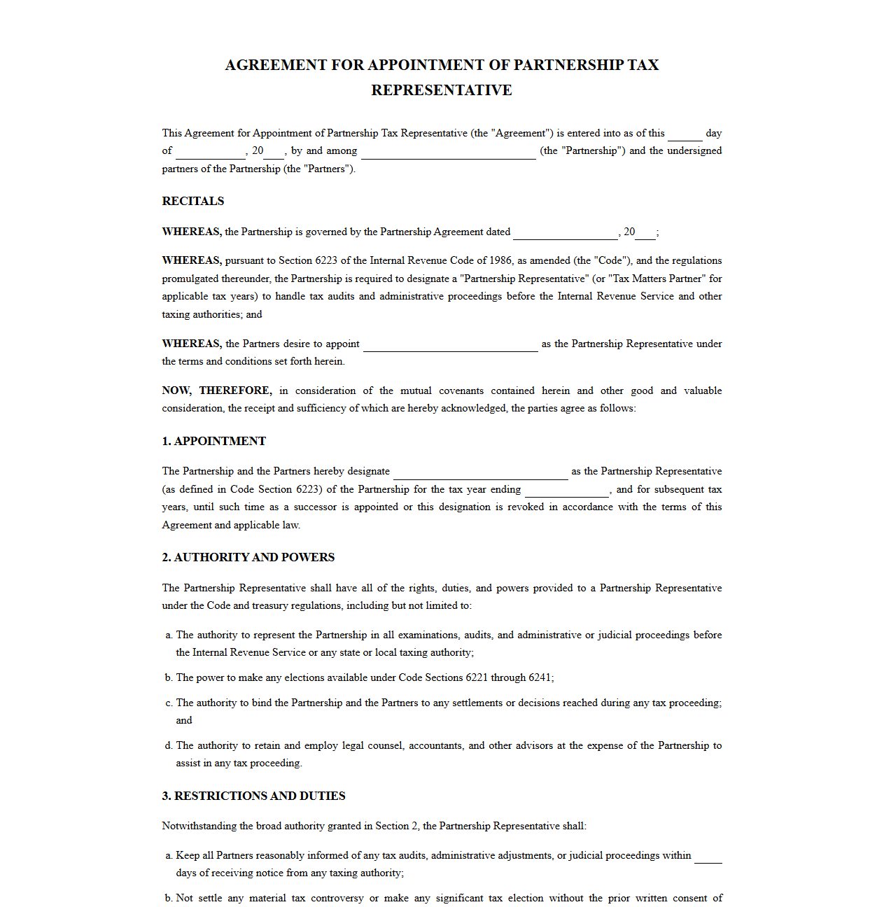 Agreement for Appointment of Partnership Tax Representative