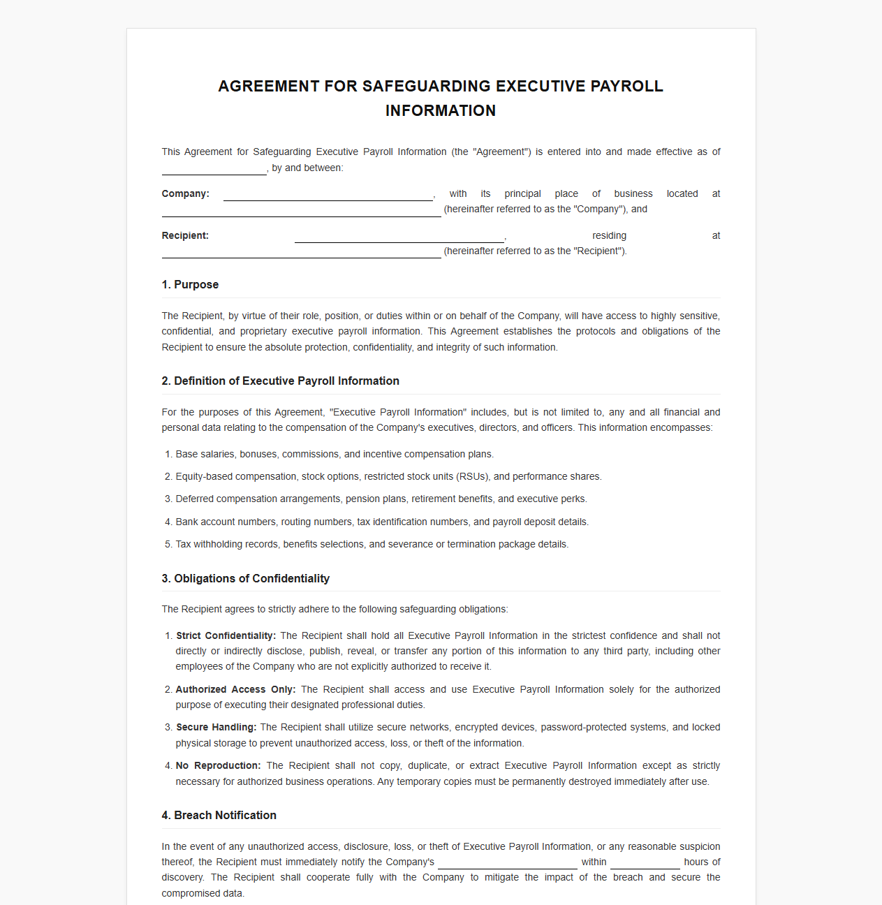 Agreement for Safeguarding Executive Payroll Information
