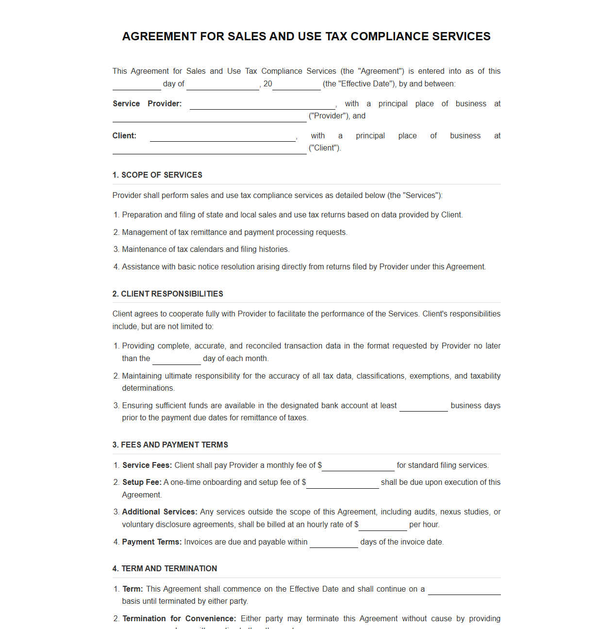 Agreement for Sales and Use Tax Compliance Services
