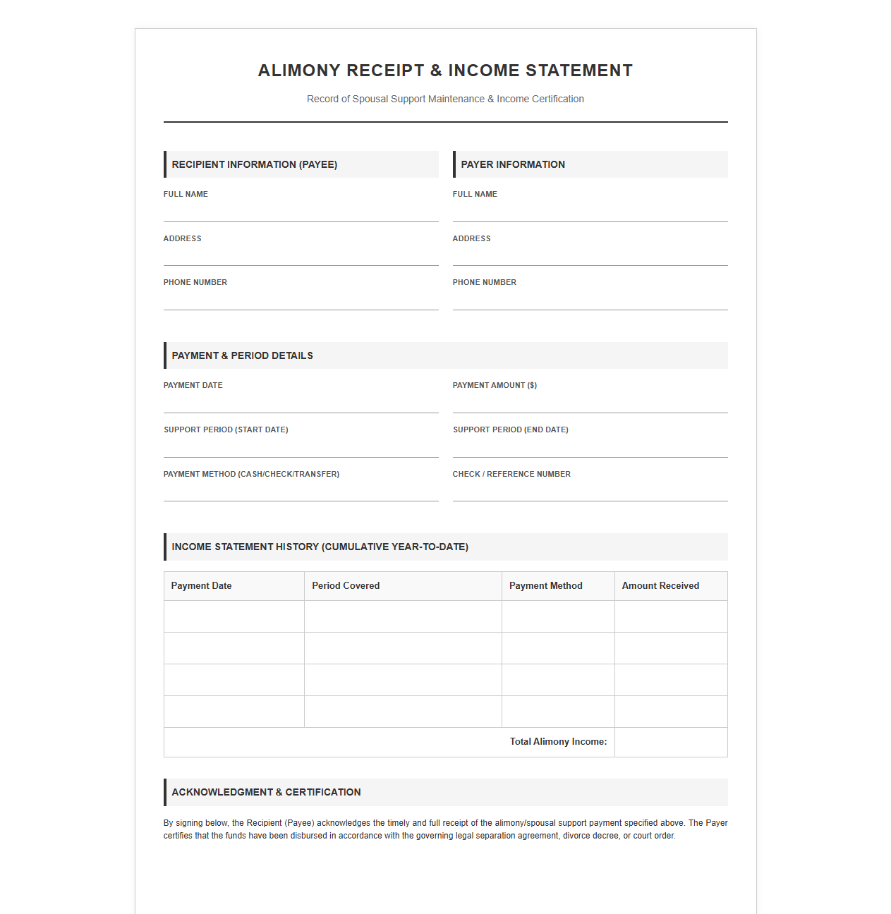 Alimony Receipt and Income Statement Form