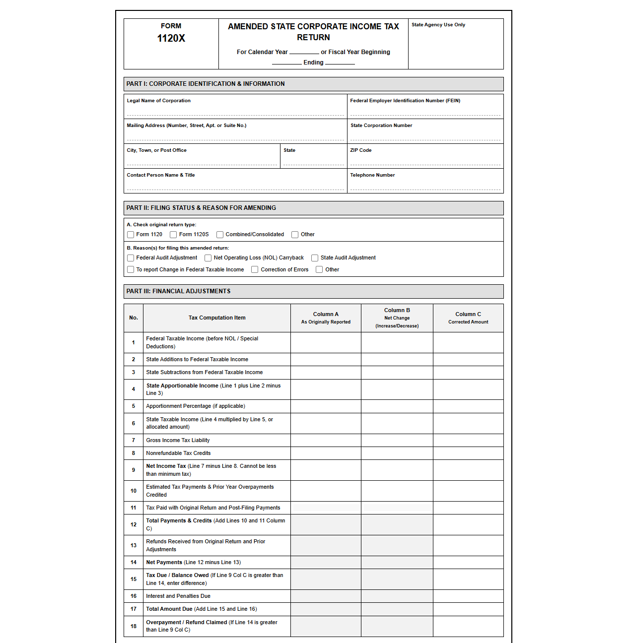 Amended State Corporate Income Tax Return Template