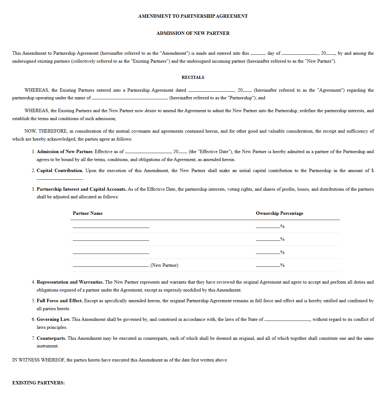 Amendment to Partnership Agreement for New Partner