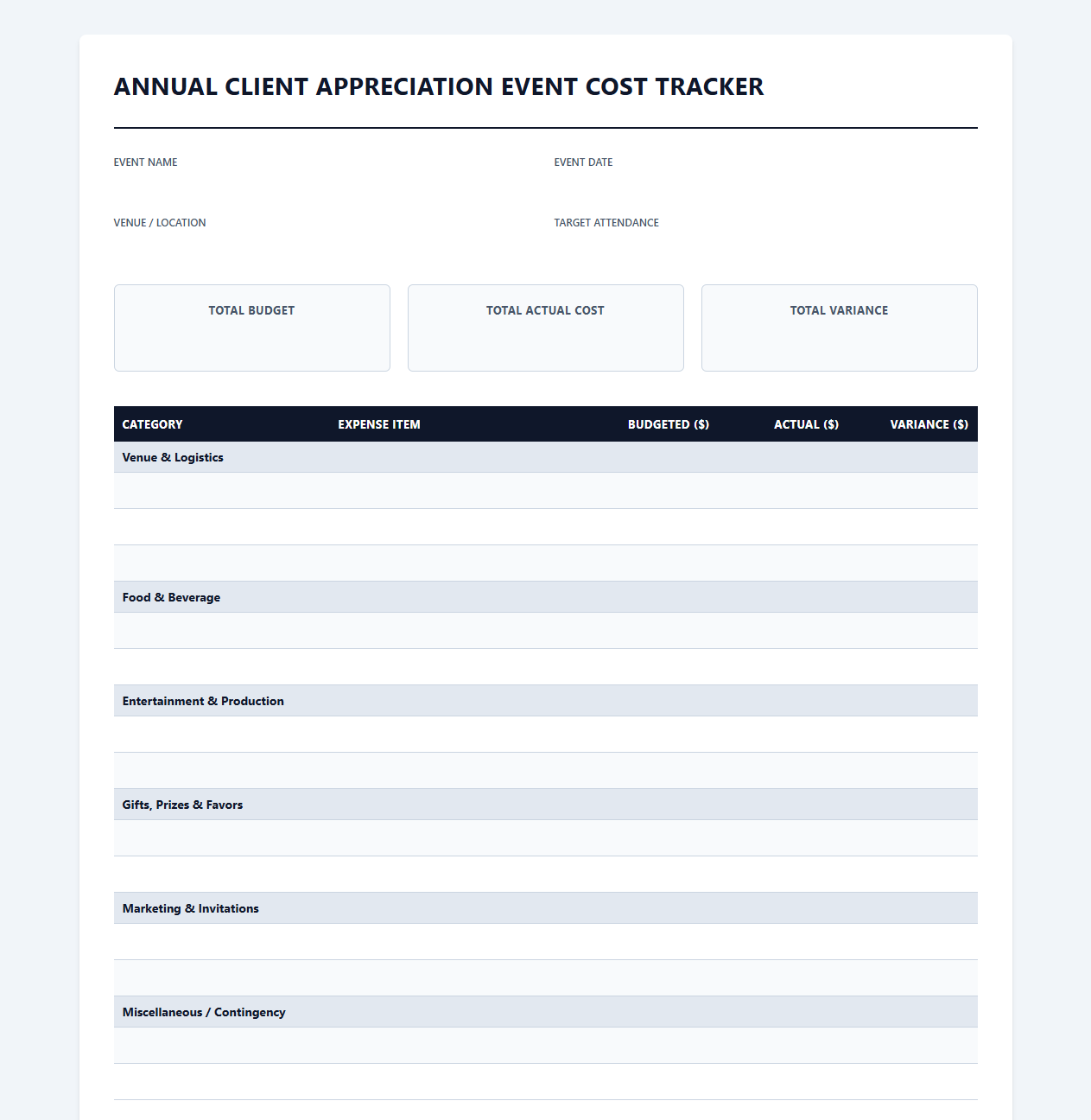 Annual Client Appreciation Event Cost Tracker
