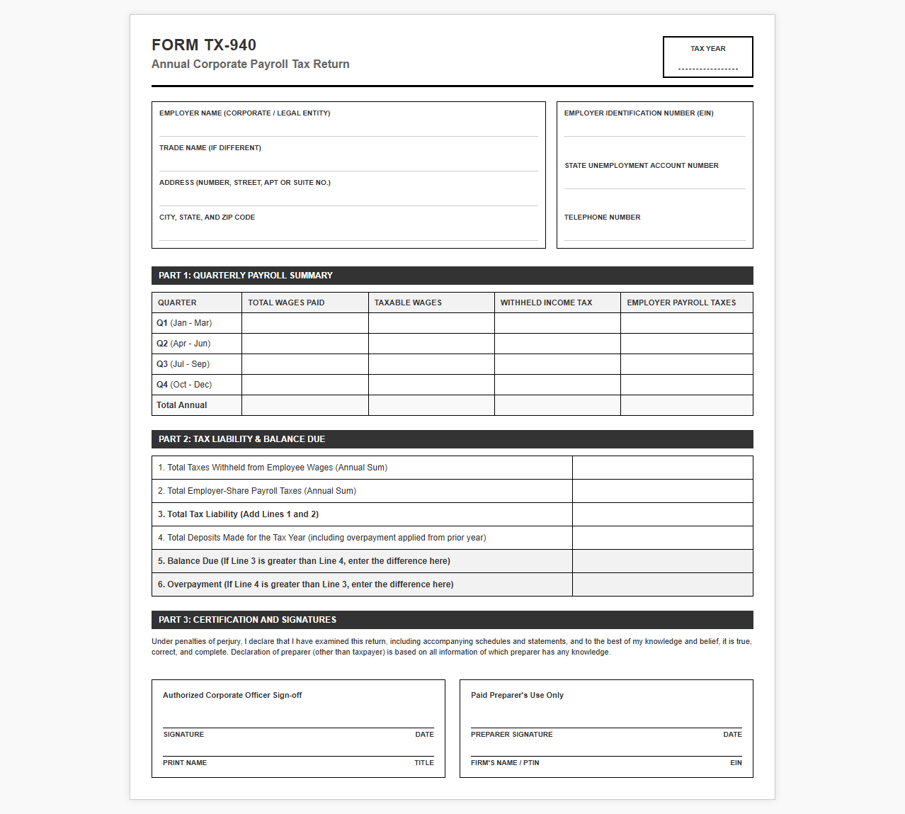 Annual Corporate Payroll Tax Return Template