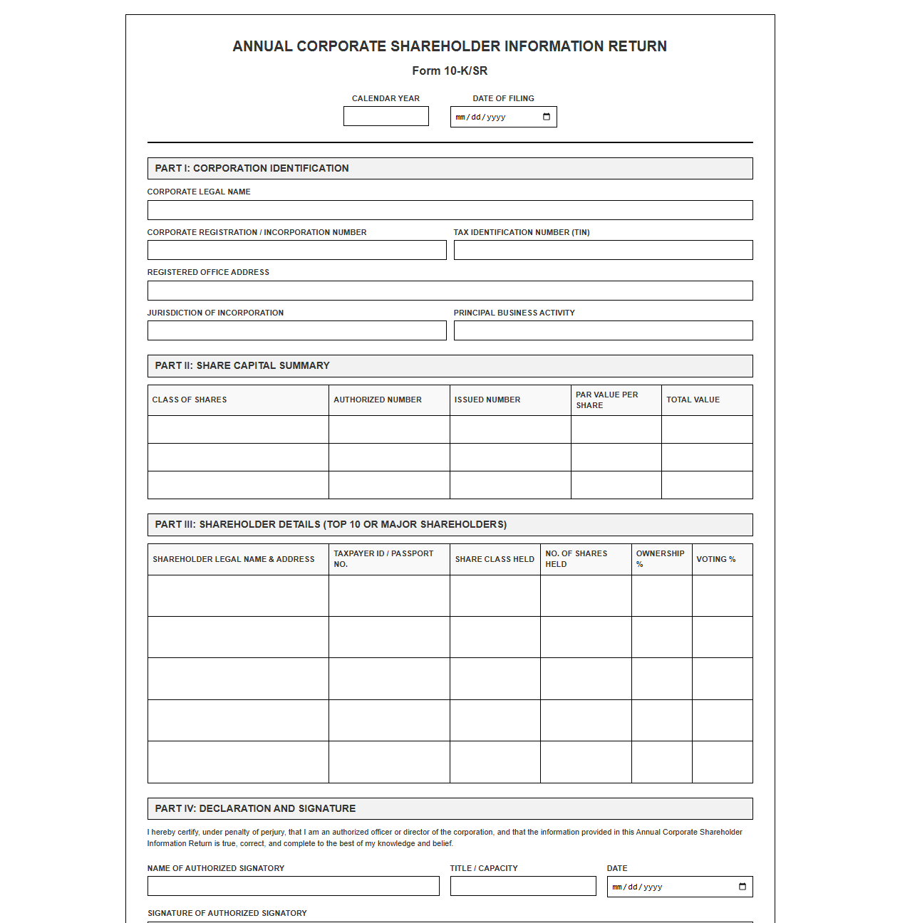 Annual Corporate Shareholder Information Return Template