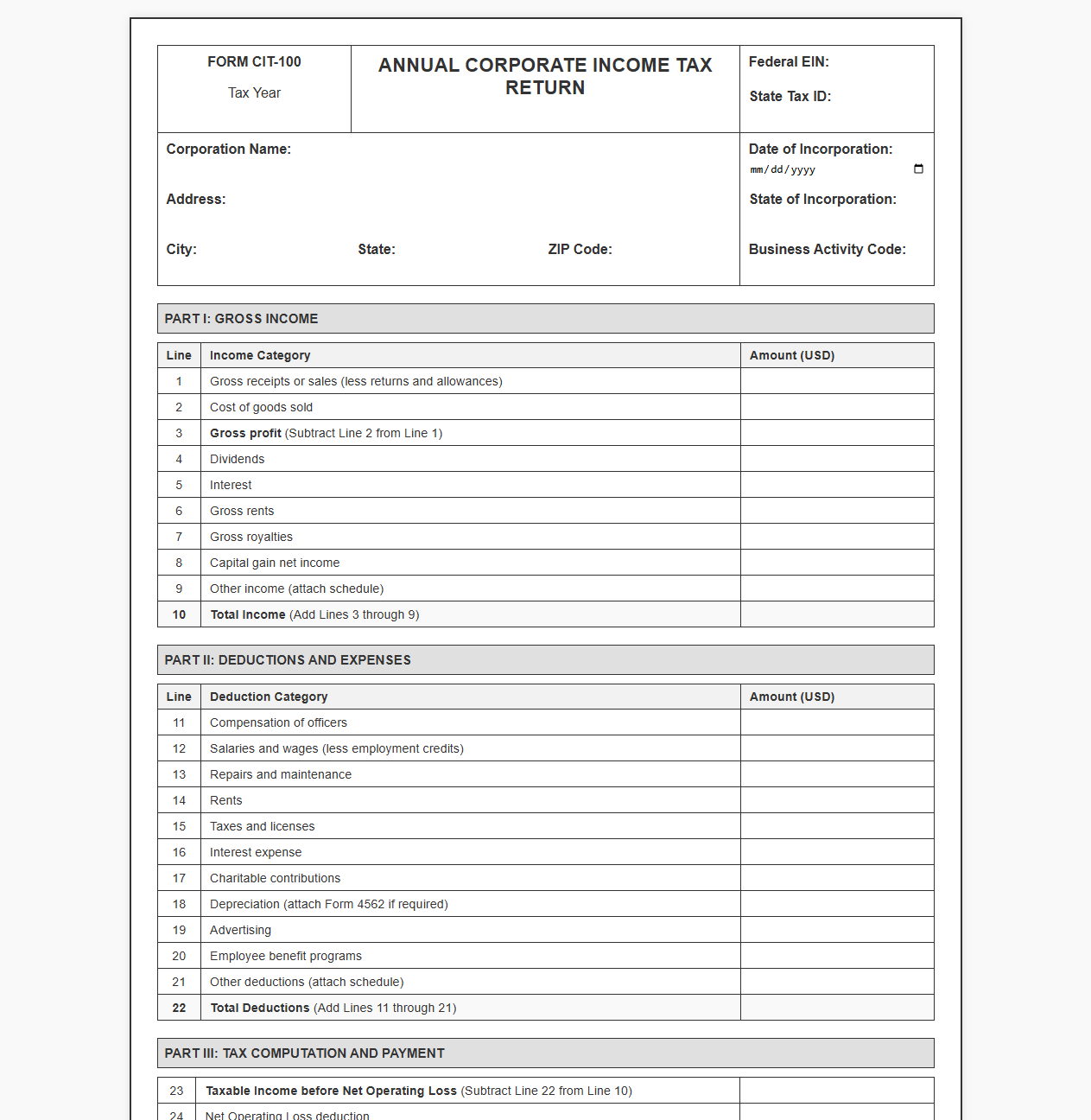 Annual Corporate Tax Filing Form