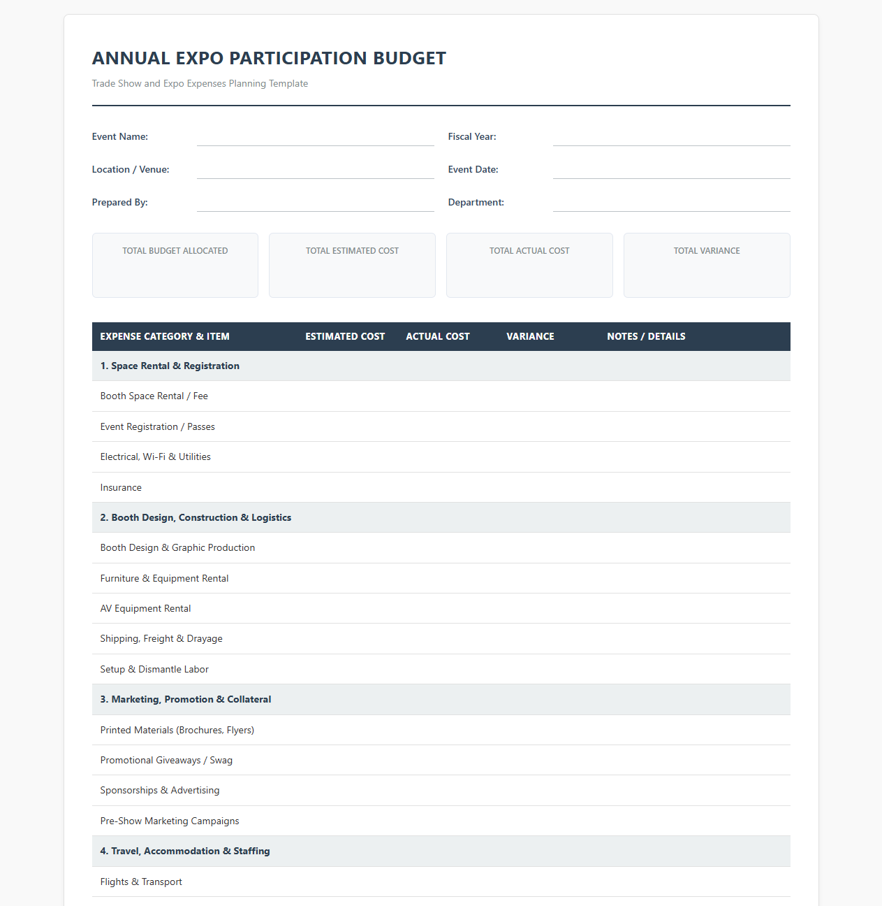 Annual Expo Participation Budget Template