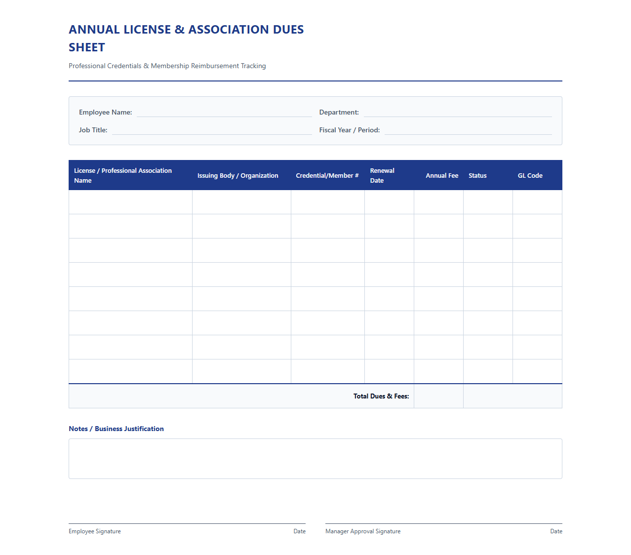 Annual License and Association Dues Sheet