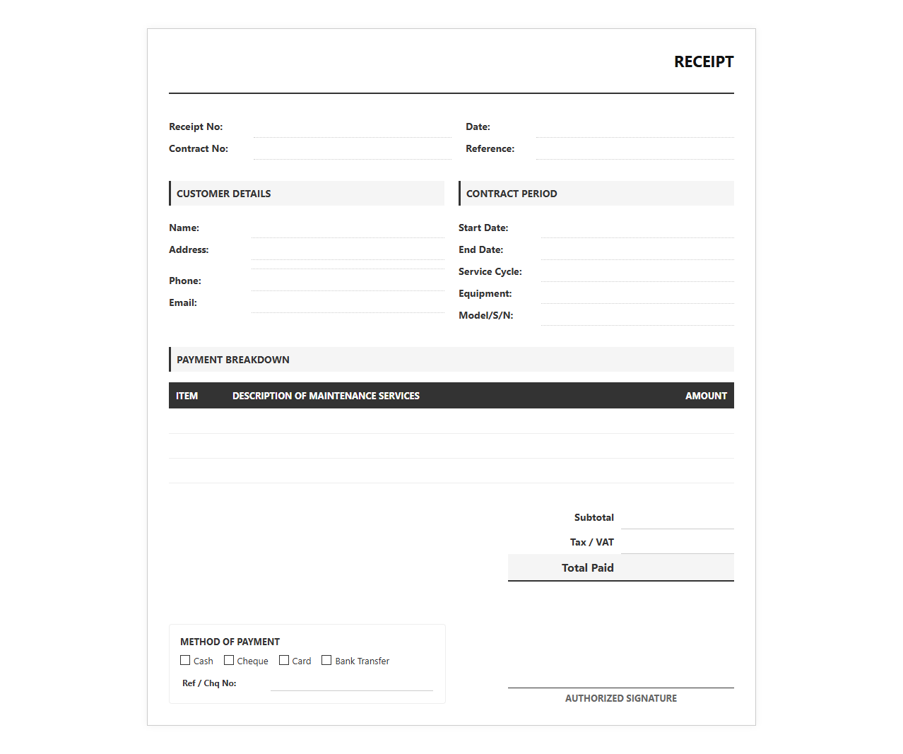 Annual Maintenance Contract Receipt Template