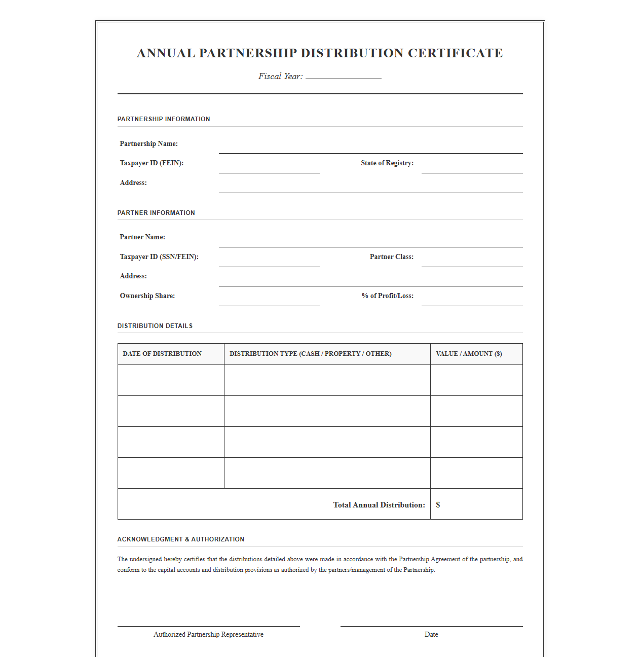 Annual Partnership Distribution Certificate