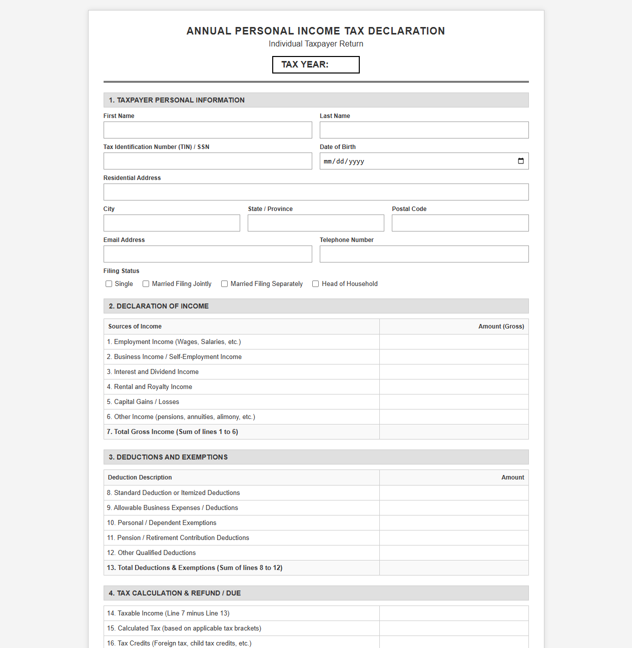Annual Personal Income Tax Declaration Form