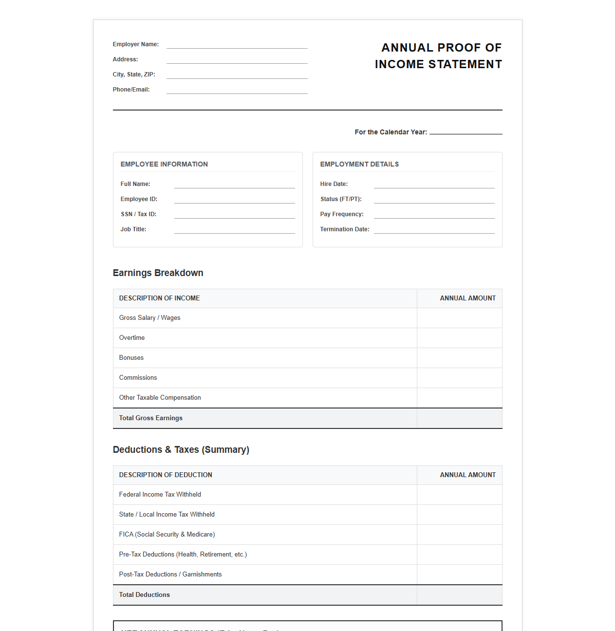 Annual Proof of Income Statement Template
