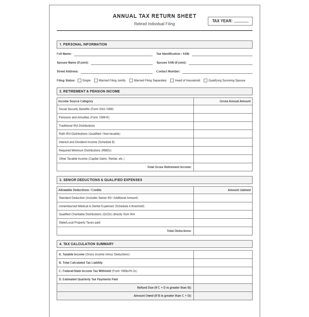Annual Tax Return Sheet for Retirees