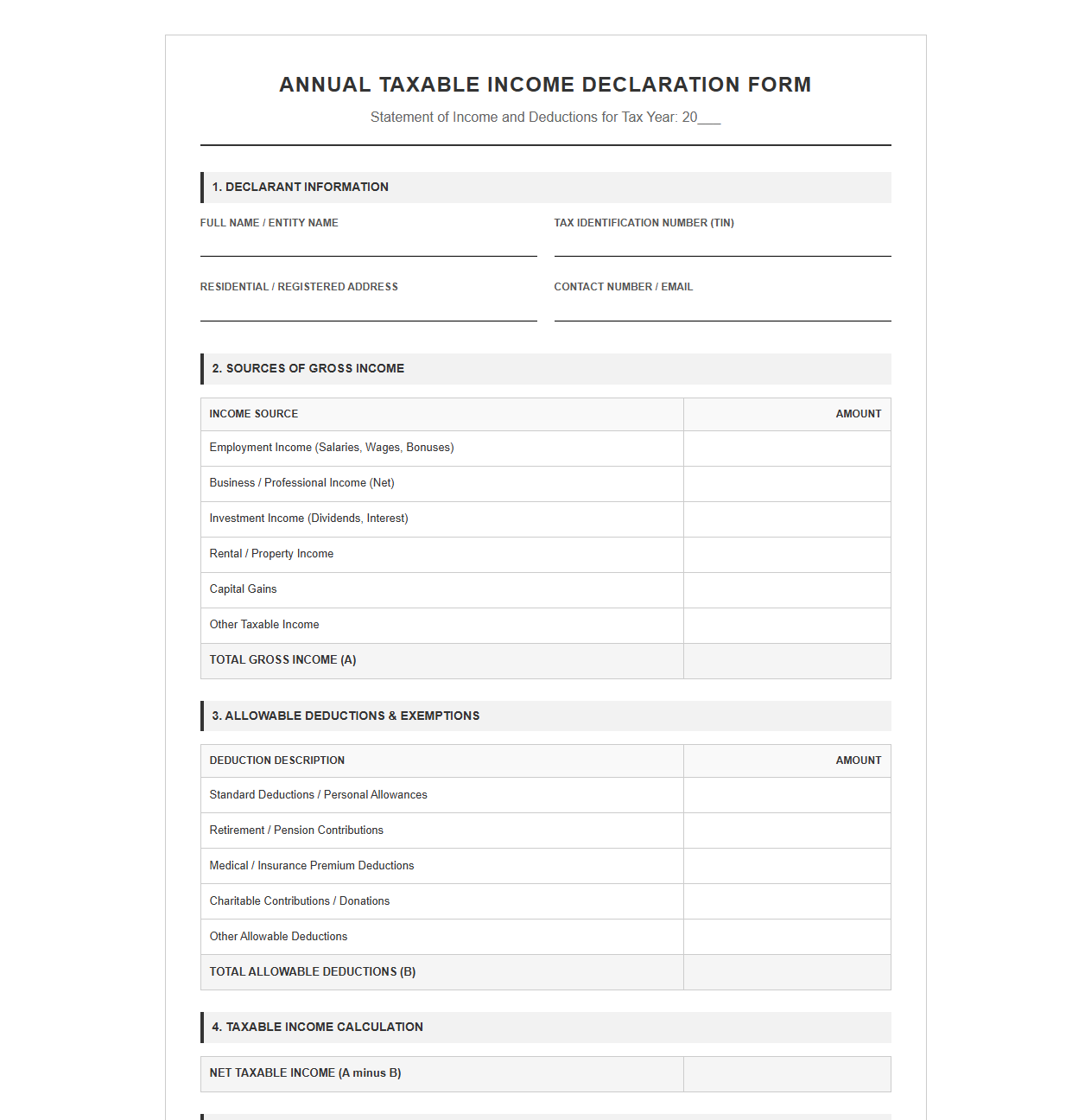 Annual Taxable Income Declaration Form