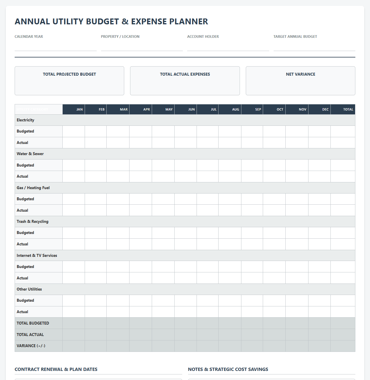 Annual Utility Budget and Expense Planner