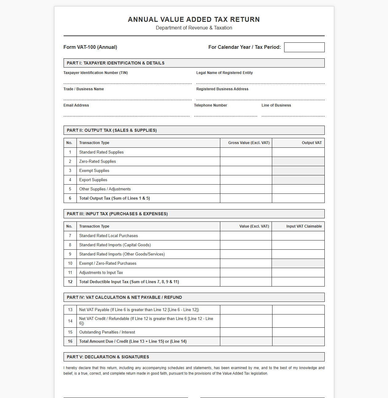 Annual Value Added Tax Return Template
